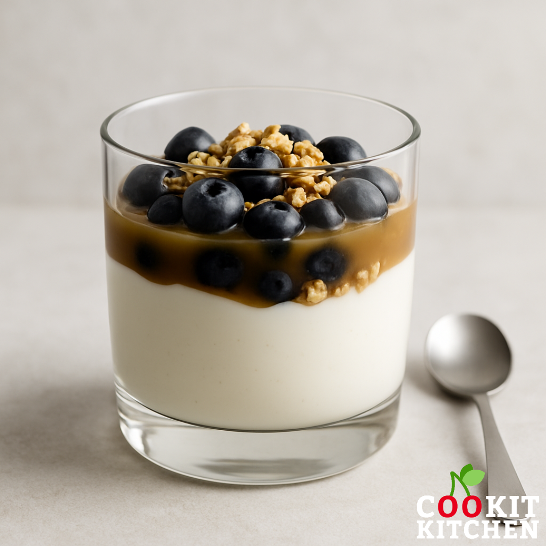 Joghurt Mousse mit Butterscotch und Heidelbeeren